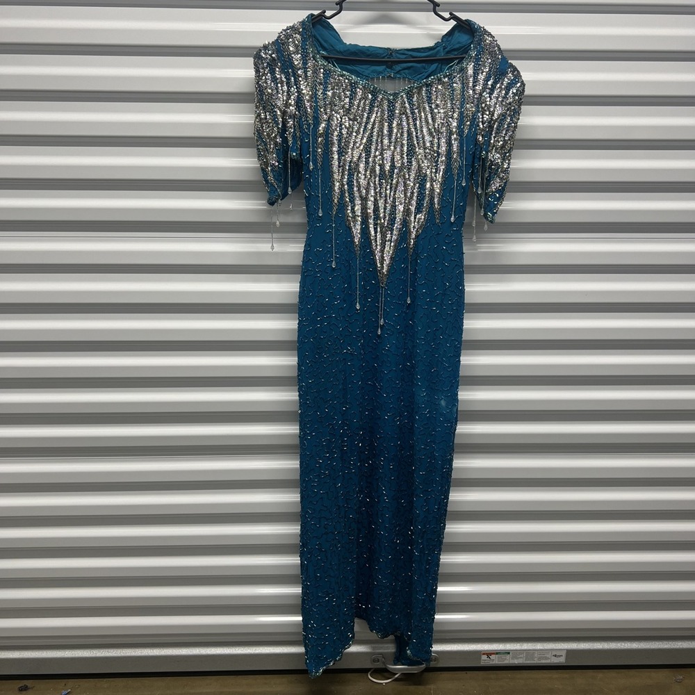 Vintage Silk Beaded Sequin Gown Small Teal Blue Open Back Formal Maxi Dress